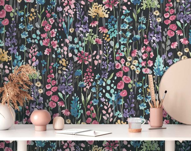 Non-woven wallpaper floral black colourful 39606-4
