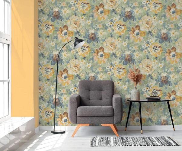 Vliestapete Blumen Vintage Floral Grün Gelb 39607-3 Raum