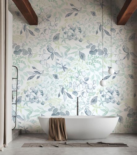 Non-woven wallpaper leaf pattern white blue green 39692-1