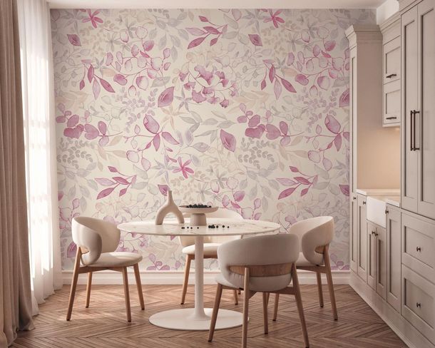 Non-woven wallpaper leaf pattern white pink grey 39692-2
