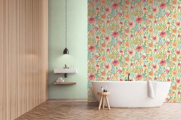 Vliestapete Blüten Aquarell Weiß Grün Orange 39695-1 Raum