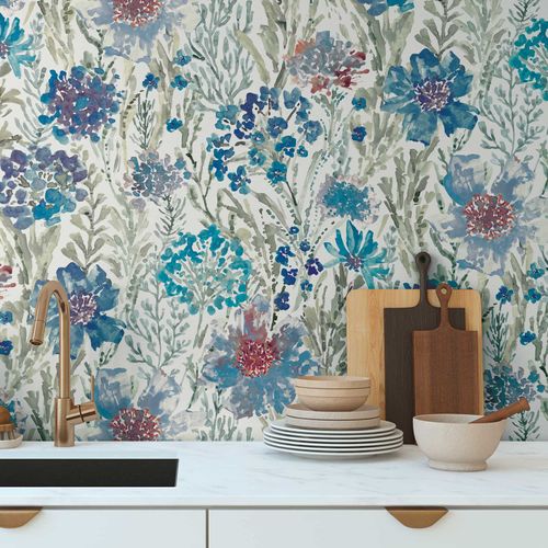 Vliestapete Blüten Aquarell Weiß Grau Blau 39695-3 Wohnzimmer