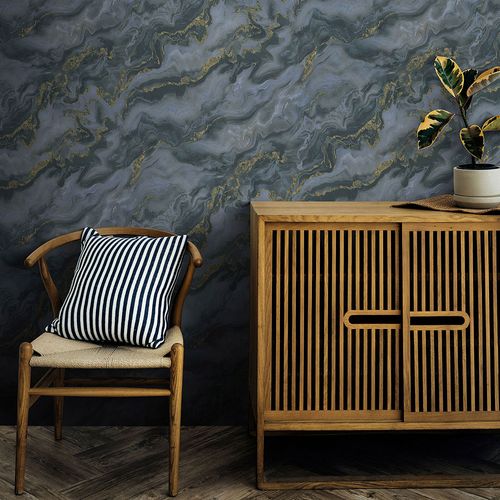 Vliestapete Elle Wellen Blau Gold Metallic 10447-08 Raum
