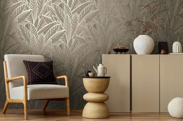 Non-woven wallpaper jungle beige black metallic 39933-2