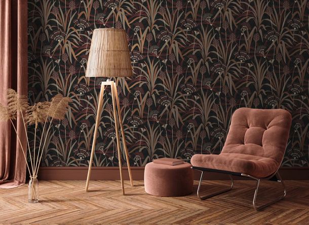 Non-woven wallpaper tropics black red copper 39936-4