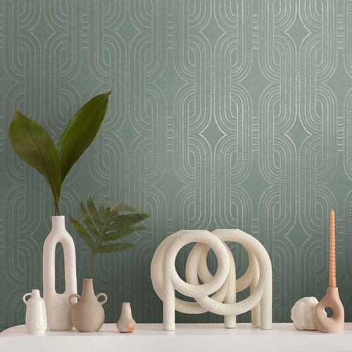 Non-woven wallpaper Art Deco green white gold 39937-5