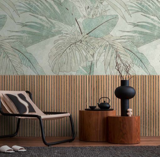 Fototapete Blattmuster Paneele Beige Grün 39854-1 Raum