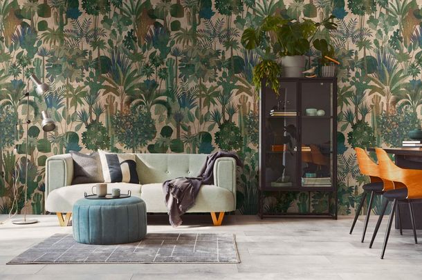 Fototapete Tropisch Pflanzen Grün Beige 39863-1 Raum