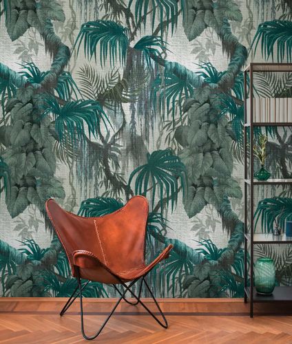 Photo wallpaper jungle linen look petrol green 39865-1