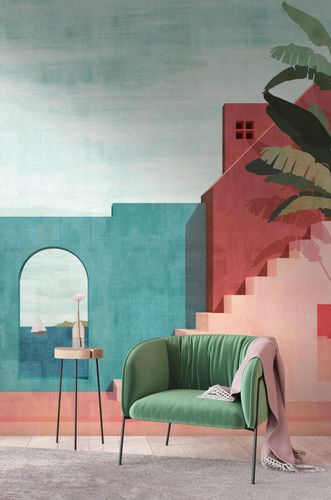 Fototapete Haus Mediterran Kunst Blau Rot 39889-1 Raum
