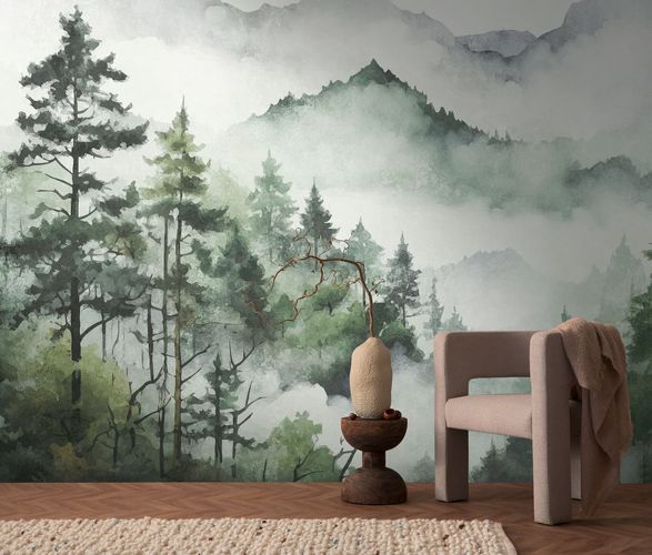 Fototapete Wald Landschaft Aquarell Weiß Grün 39899-1 Raum