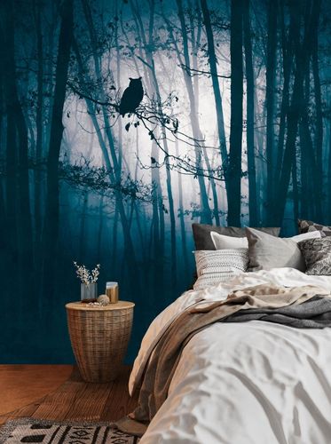 Fototapete Wald Bäume Eule Blau Schwarz 39909-1 Raum