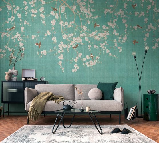 Photo wallpaper flower branches birds blue cream 39921-1