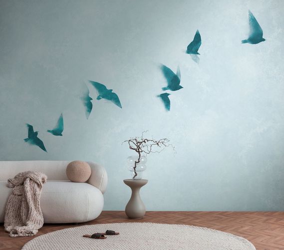 Fototapete Himmel Wolken Vögel Aquarell Blau 39923-1 Raum