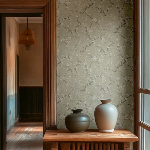 Non-woven wallpaper floral green grey white 78199-1