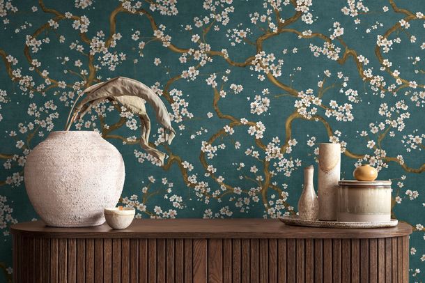 Vliestapete Kirschblüten Floral Blau Gold Metallic 78199-4 Raum