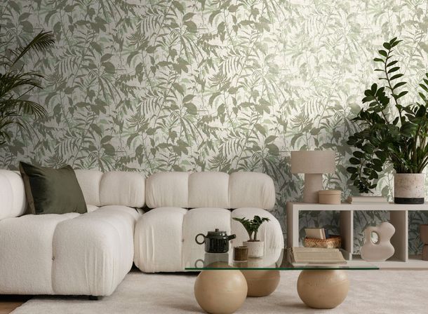 Vliestapete Blattmuster Creme Grün Gold Metallic 78203-1 Wohnzimmer