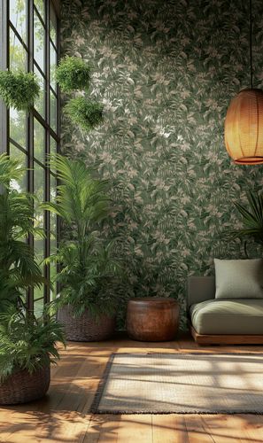Non-woven wallpaper leaves green gold metallic 78203-6