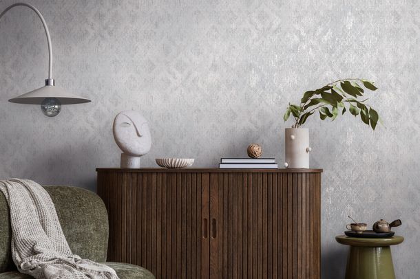 Vliestapete Ornamente Grau Silber Metallic 78672-1 Raum