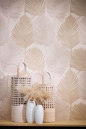 Vliestapete Tropisch Blätter Grau Beige Glanz 78673-1 Raum