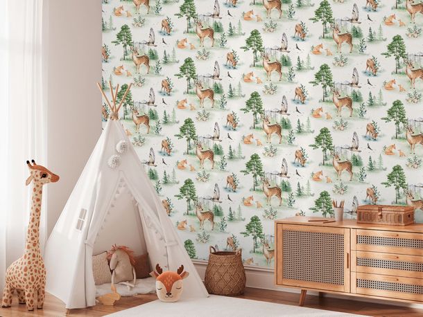 Non-woven wallpaper kids animals forest cream green 77172-1