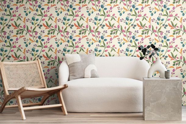 Non-woven wallpaper flowers leaves cream colourful 78211-1