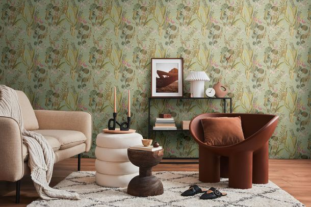 Non-woven wallpaper leaves animals green beige 78218-1