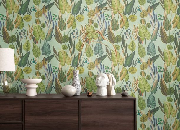 Non-woven wallpaper leaf pattern jungle green blue 78219-1