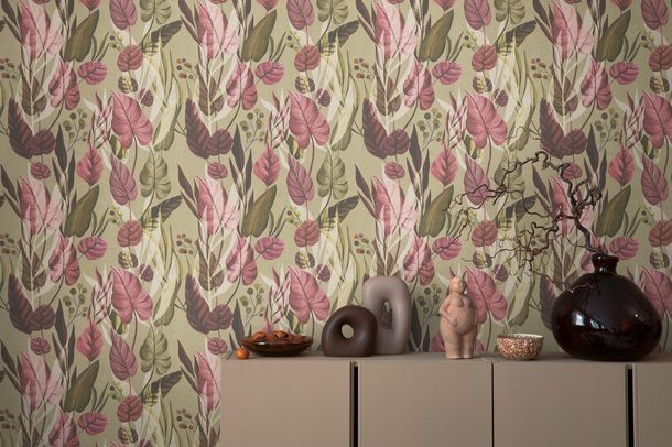 Non-woven wallpaper leaf pattern jungle green red 78219-2