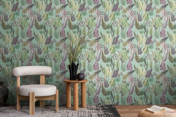 Non-woven wallpaper leaf pattern jungle blue purple 78219-4