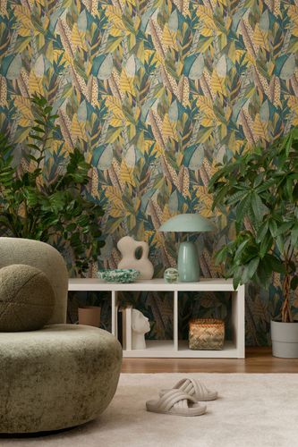 Non-woven wallpaper tropics leaves green yellow 78220-1
