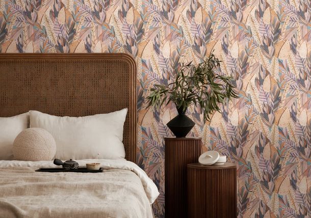 Non-woven wallpaper tropics leaves beige purple 78220-2