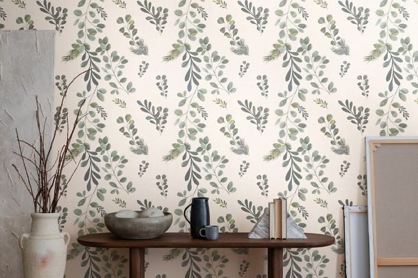 Non-woven wallpaper branches cream green 78221-1