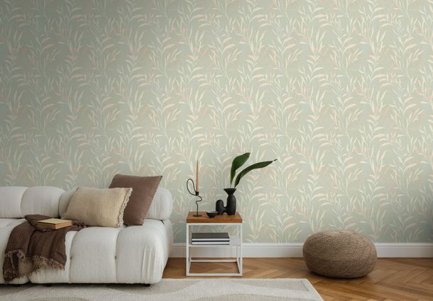 Non-woven wallpaper leaves Scandi style green cream 78222-1