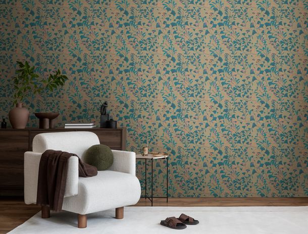 Non-woven wallpaper leaf pattern brown blue 78223-2