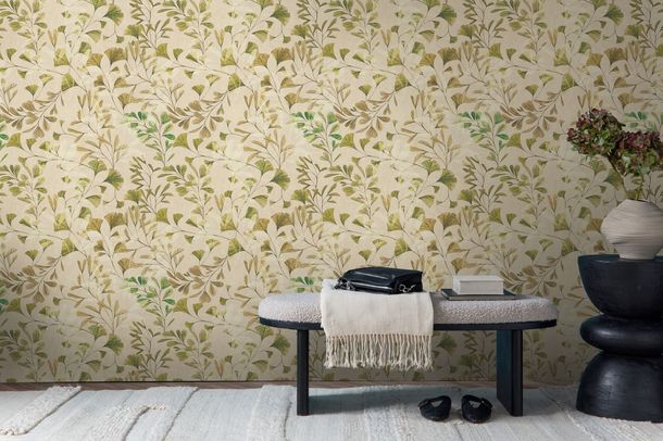Non-woven wallpaper leaf pattern beige green 78223-3