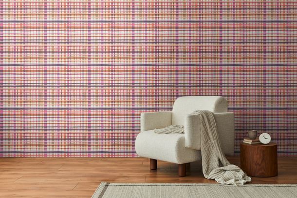 Non-woven wallpaper checkered watercolour red cream 78224-1