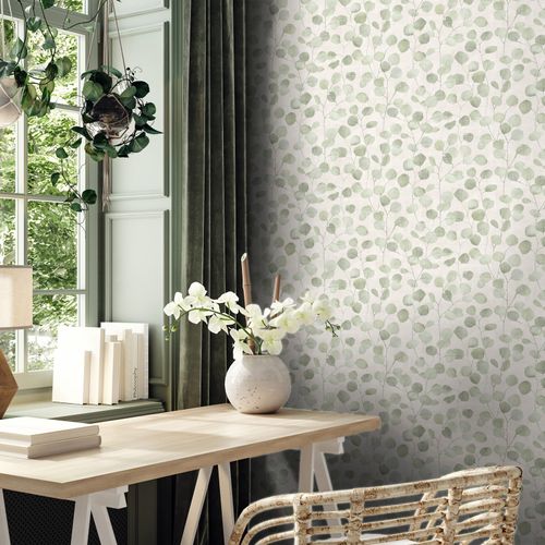 Non-woven wallpaper leaf pattern floral beige green 81642