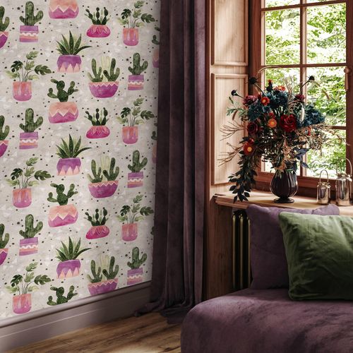 Vliestapete-Floral-Kaktus-Aquarell-Grau-Gruen-Lila-81653-63223236