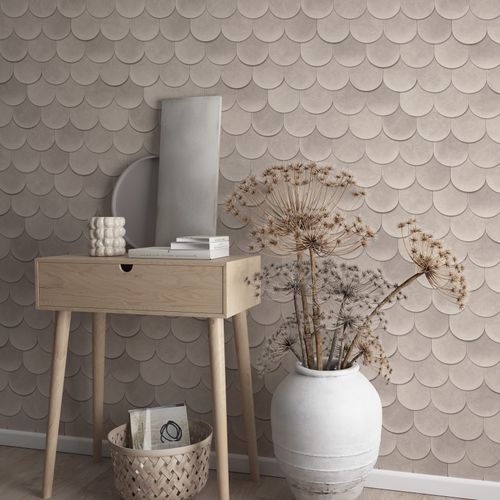 Non-woven wallpaper 3D look tiles shingles beige grey 81654