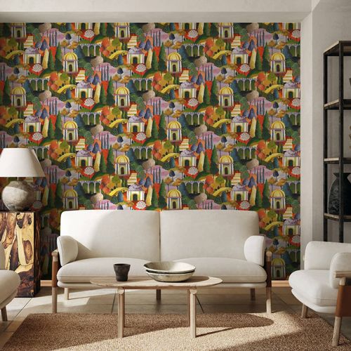 Non-woven wallpaper Mediterranean green yellow pink 81661