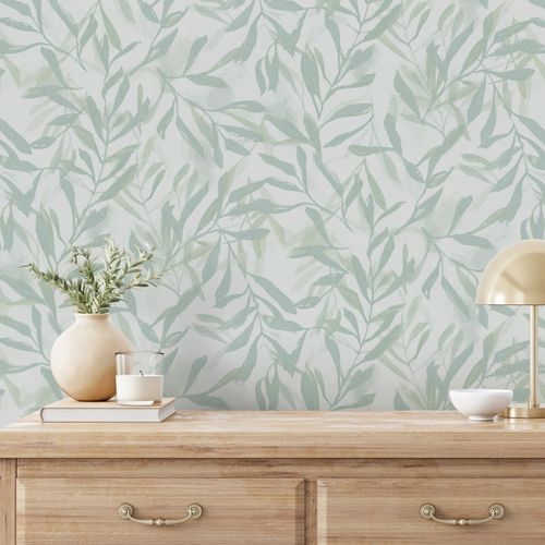 Non-woven wallpaper leaves cream green metallic 82442