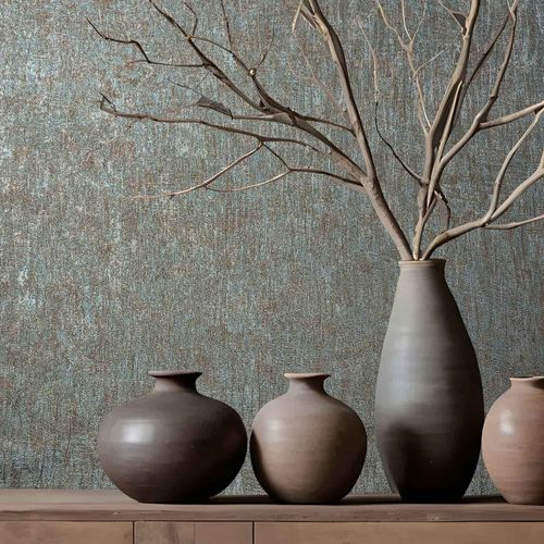 Non-woven wallpaper plain blue copper metallic 35526