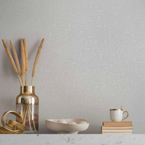 Non-woven wallpaper linen look plain white grey gloss 35116