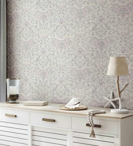 Non-woven wallpaper ornaments flowers beige grey red 35150
