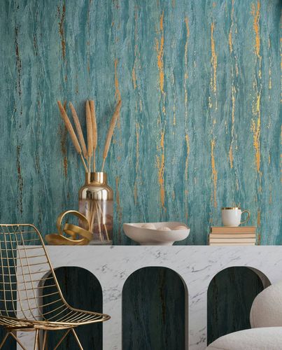 Non-woven wallpaper Shabby Industrial Turquoise Gold 35167