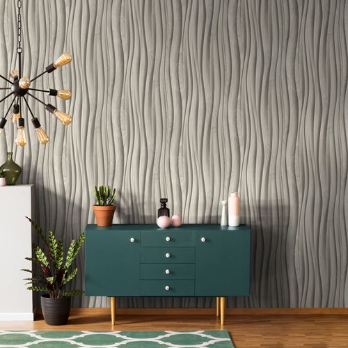 Non-woven wallpaper 3D effect wood look beige grey 81666