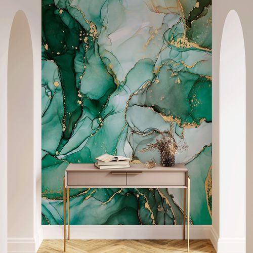 Photo wallpaper marble watercolor look green gold 81681