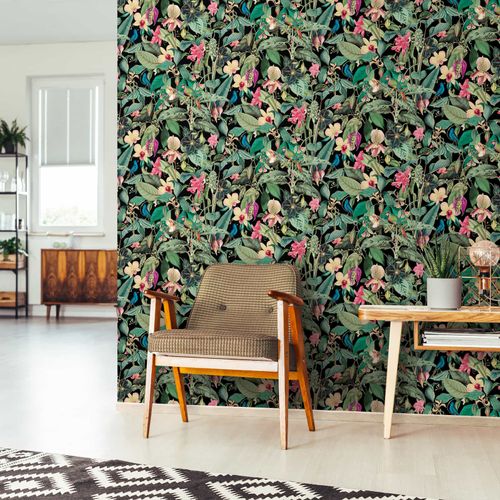 Vliestapete-Tropisch-Floral-Schwarz-Gruen-Rosa-81685-63223649_2