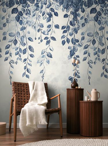 Fototapete Vlies Blätter Zweige Creme Blau 79144-5 Raum